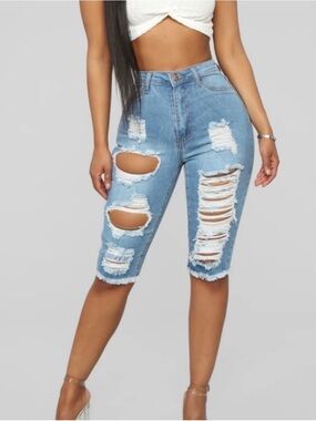 Fashion Nova Light Blue Distressed High-Rise Denim Shorts
